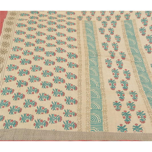 Sanskriti Vintage Sari 100% Pure Woolen Ivory Indian Printed Sarees 5yd Craft Fabric