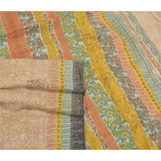 Sanskriti Vintage Elfenbensfarvede Tunge Sarier 100% Ren Uld Bæredygtigt Stoff Trykt Sari