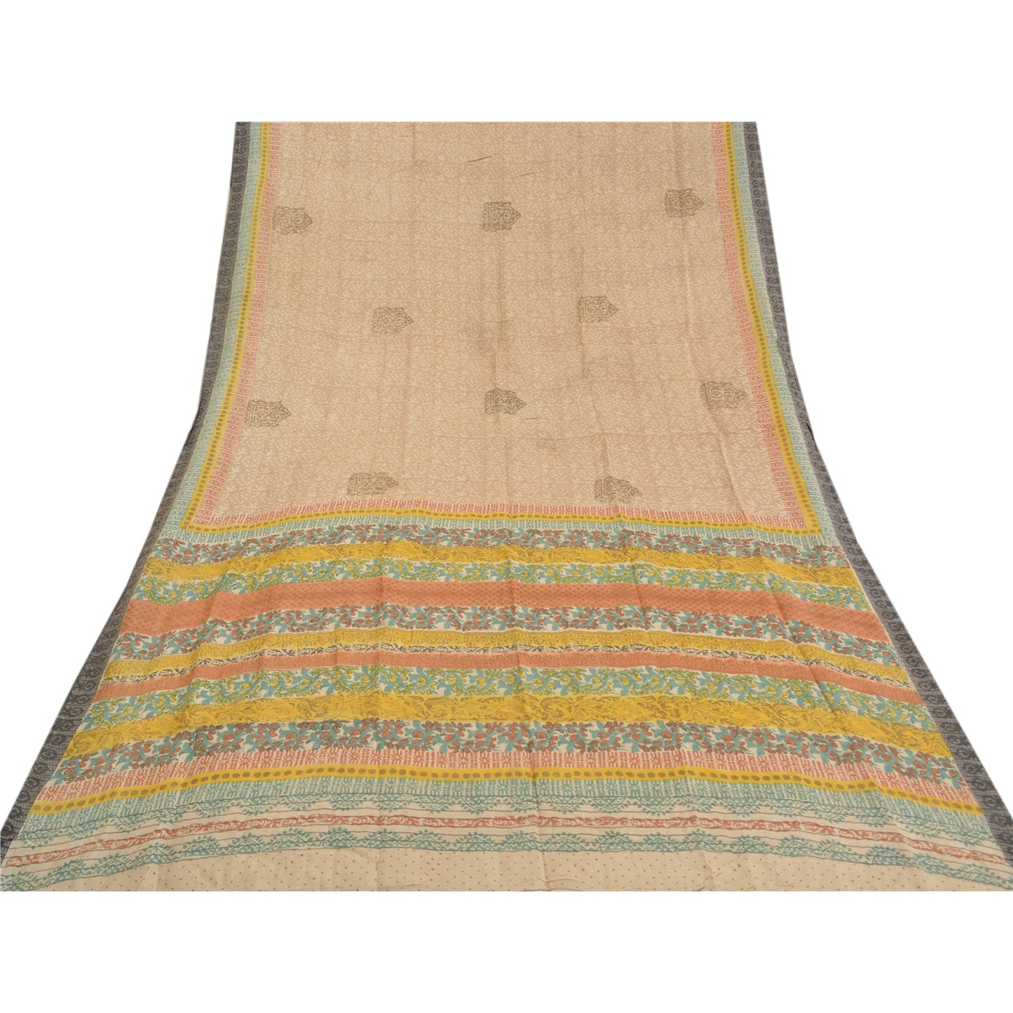 Sanskriti Vintage Ivory Heavy Sarees 100% Pure Woolen Sustainable Fabric Printed Sari