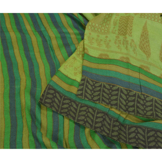 Sanskriti Vintage Green Heavy Indian Sari 100% Pure Woolen Sustainable Fabric Printed Sarees