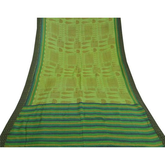 Sanskriti Vintage Sari 100% Pure Woolen Green Indian Printed Sarees 5 Yd Craft Fabric