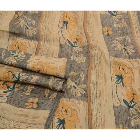 Sanskriti Vintage Cream Heavy Sarees 100% Pure Woolen Sustainable Fabric Printed Indian Sari