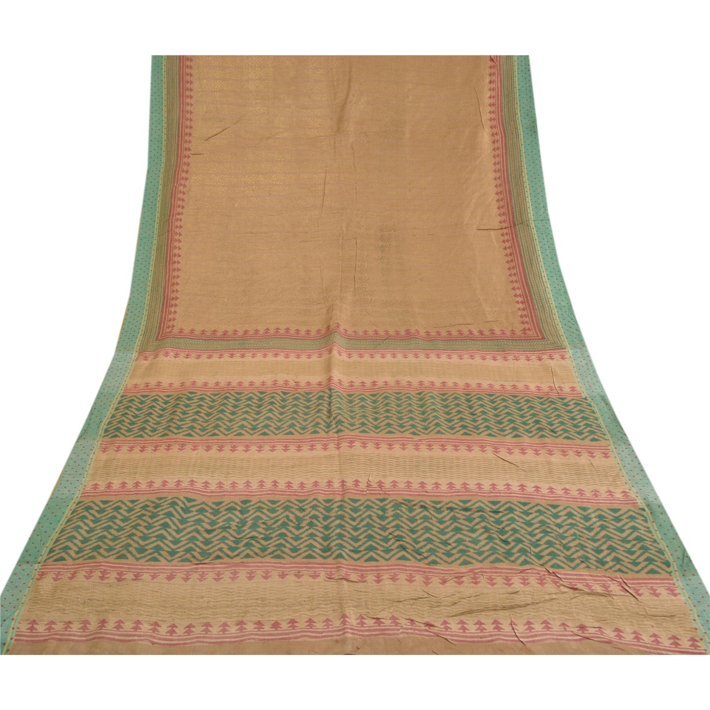 Sanskriti Vintage Heavy Beige Sari 100% Pure Woolen Sustainable Fabric Printed 5 Yard Sarees