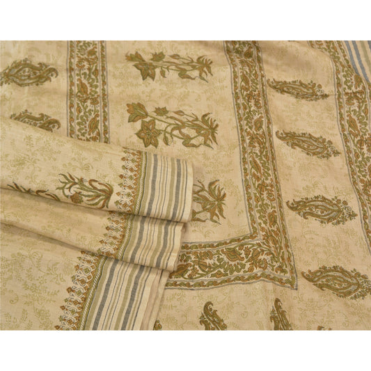 Sanskriti Vintage Heavy Sarees Pure Woolen Ivory Sustainable Fabric Printed Woven 5 YD Sari