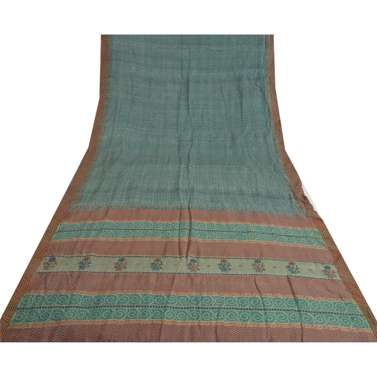 Sanskriti Vintage Heavy Sarees Pure Woolen Blue Sustainable Fabric Block Printed Woven Sari