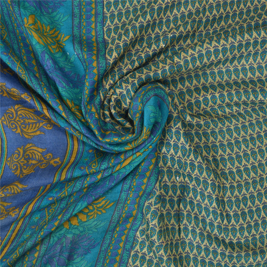 Sanskriti Vintage Heavy Indian Sarees Pure Woolen Blue Sustainable Fabric Printed Sari