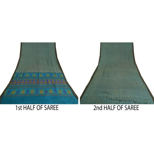 Sanskriti Vintage Sari 100% Pure Woolen Blue Indian Printed Sarees Blue 5yd Craft Fabric