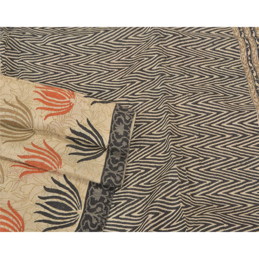 Sanskriti Vintage Heavy Indian Ivory Sarees 100% Pure Woolen Sustainable Fabric Printed Sari