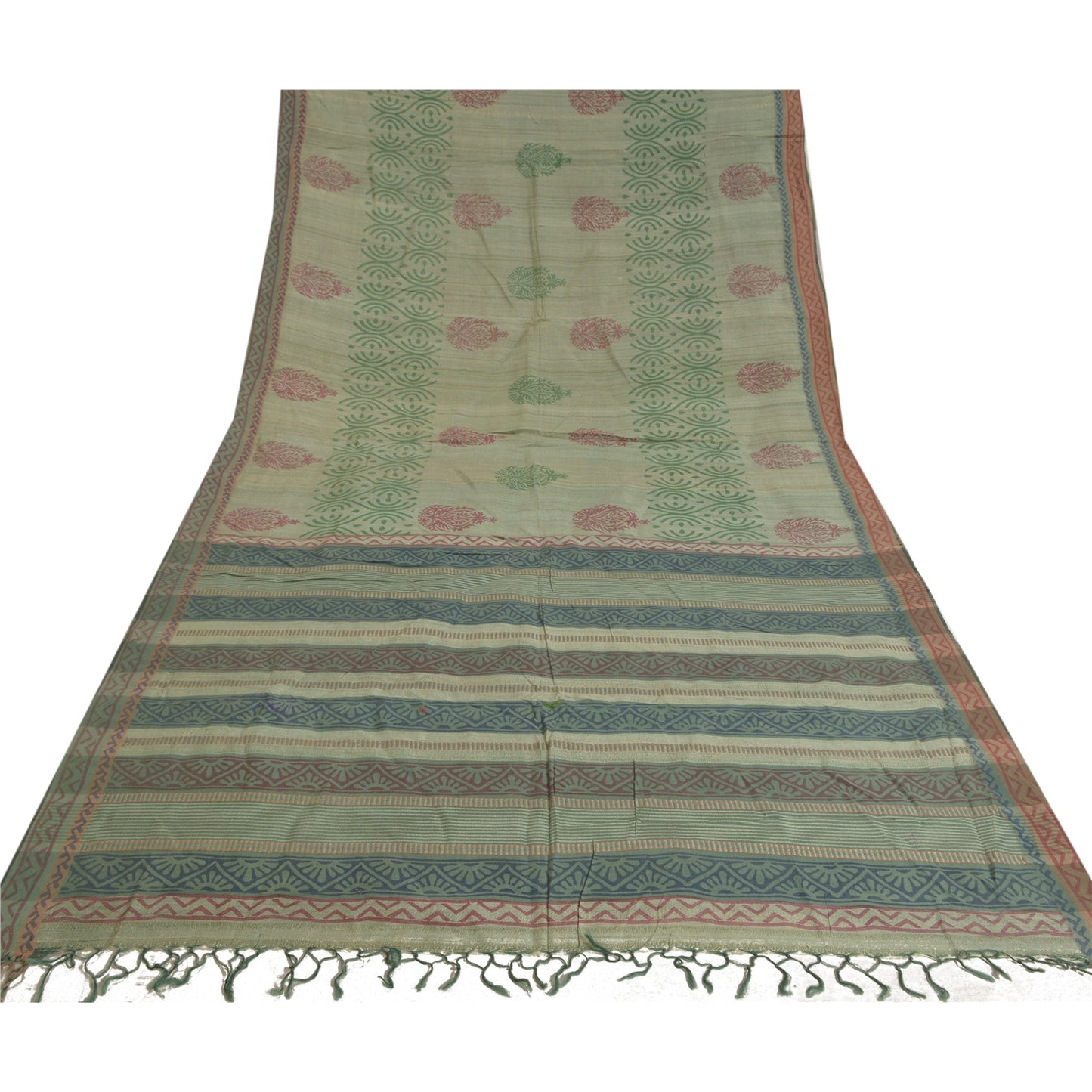Sanskriti Vintage Heavy Green Saree Pure Handloom Silk Sustainable Fabric Block Printed Sari
