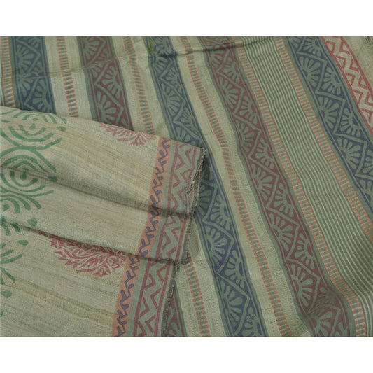 Sanskriti Vintage Heavy Green Saree Pure Handloom Silk Sustainable Fabric Block Printed Sari