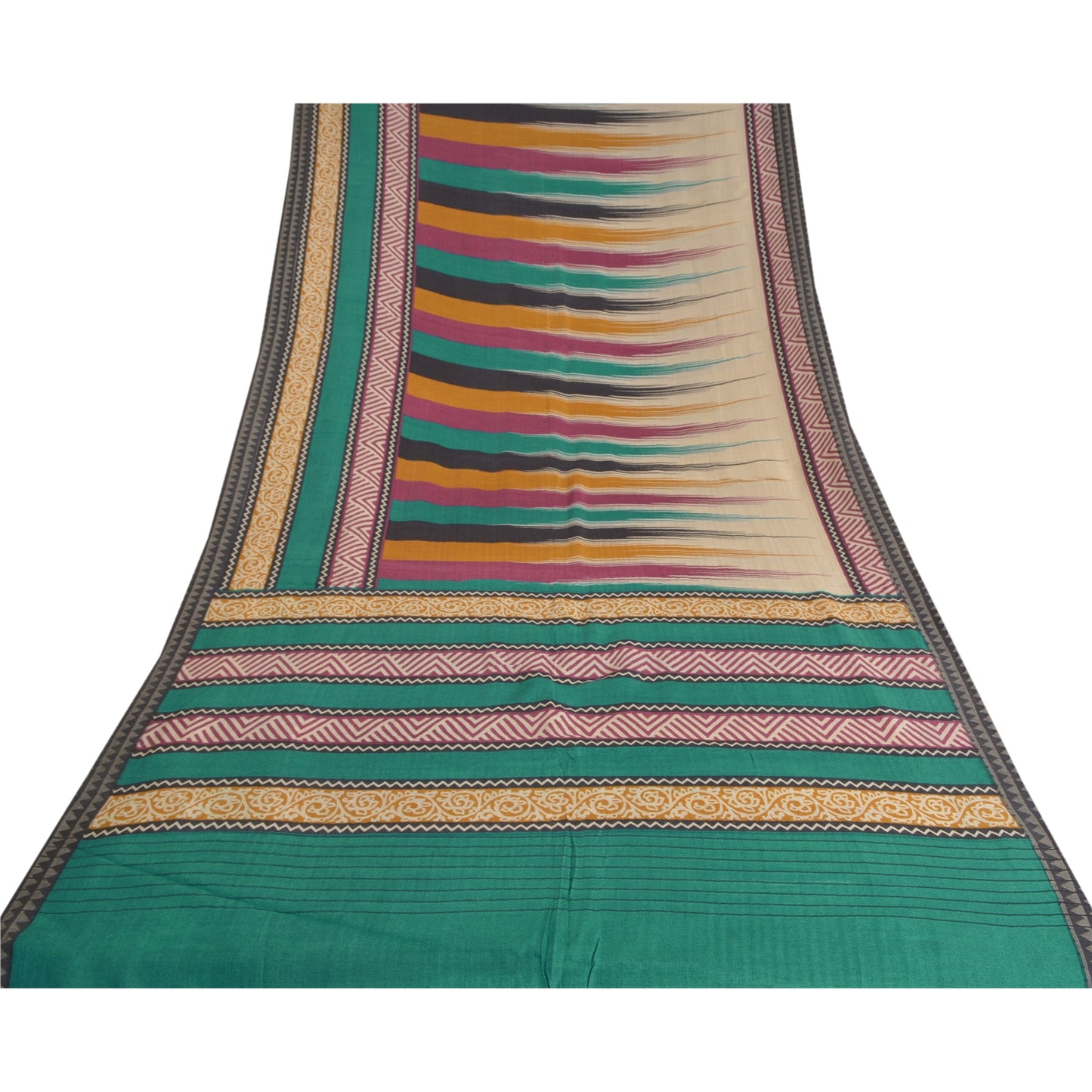 Sanskriti Vintage Heavy Green Indian Saree Pure Woolen Sustainable Fabric Printed Sari