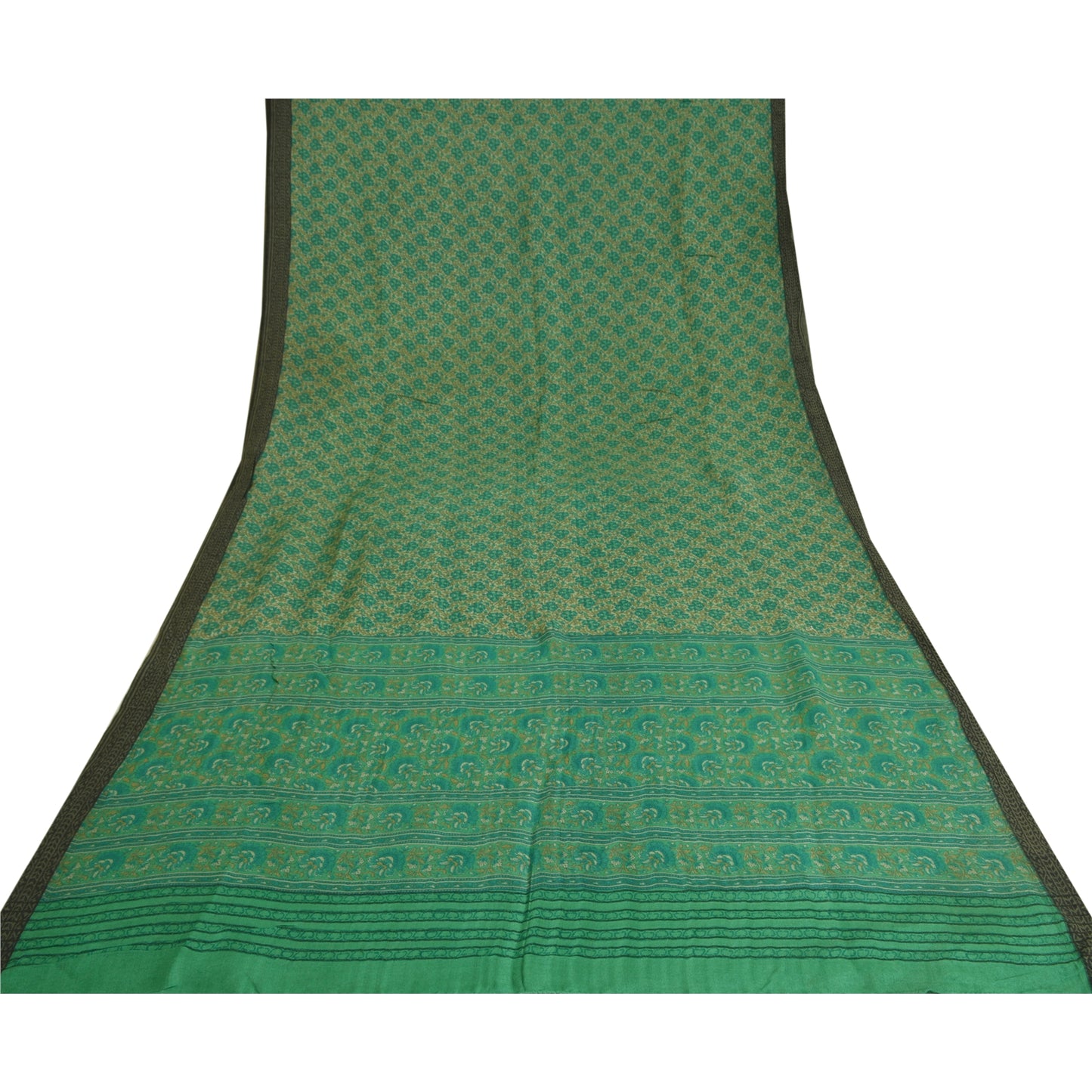 Sanskriti Vintage Green Heavy Indian Sarees 100% Pure Woolen Sustainable Fabric Printed Sari