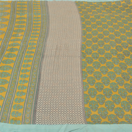 Sanskriti Vintage Saree 100% Pure Woolen Mustard & Blue Saree Indian Floral Printed Sarees 5yd Craft Fabric Home Decor Meterial