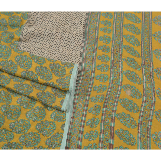 Sanskriti Vintage Mustard Heavy Indian Sarees Pure Woolen Sustainable Fabric Printed Sari