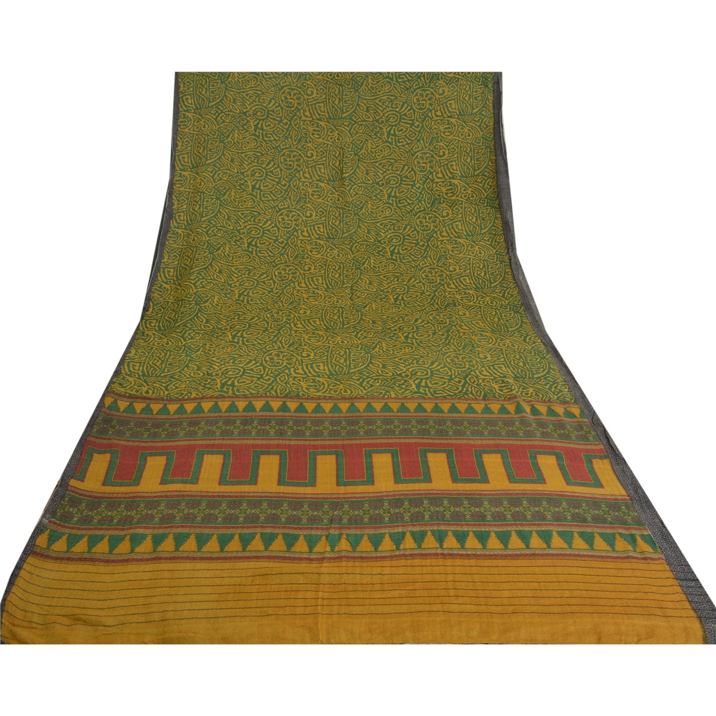 Sanskriti Vintage Green Heavy Indian Sarees Pure Woolen Sustainable Fabric Printed Sari
