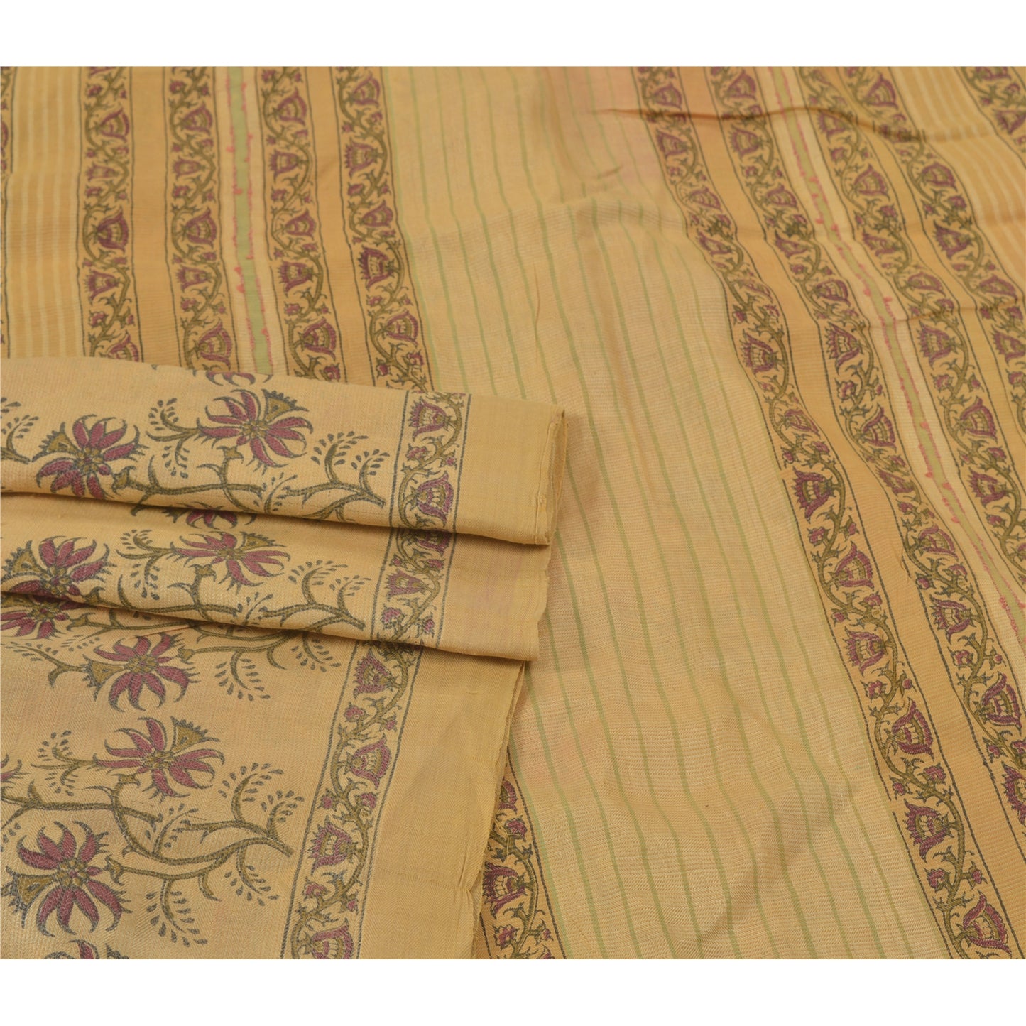 Sanskriti Vintage Heavy Sarees Pure Woolen Cream Sustainable Fabric Printed & Woven Sari