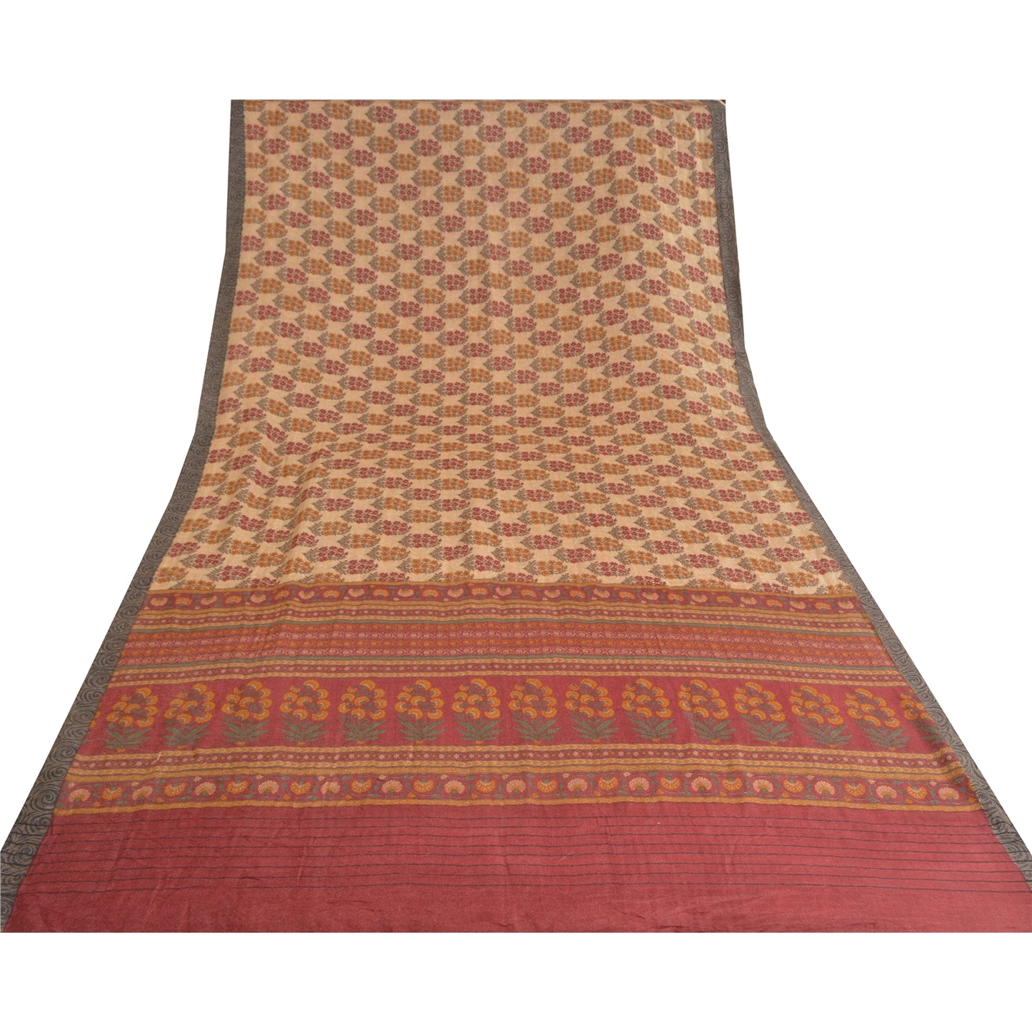 Sanskriti Vintage Peach Heavy Indian Sarees 100% Pure Woolen Sustainable Fabric Printed Sari