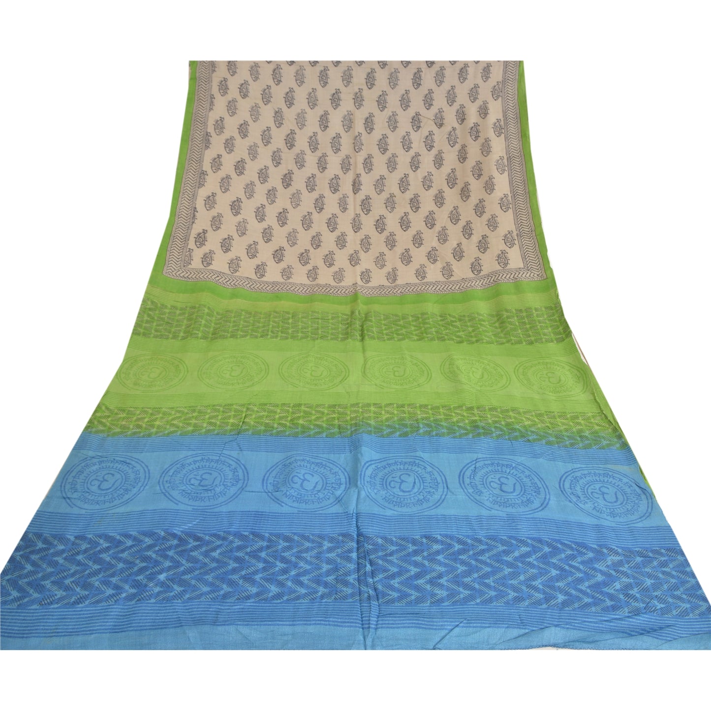 Sanskriti Vintage Sarees Cream Hand Block Print Heavy Sari Pure Woolen Sustainable Fabric