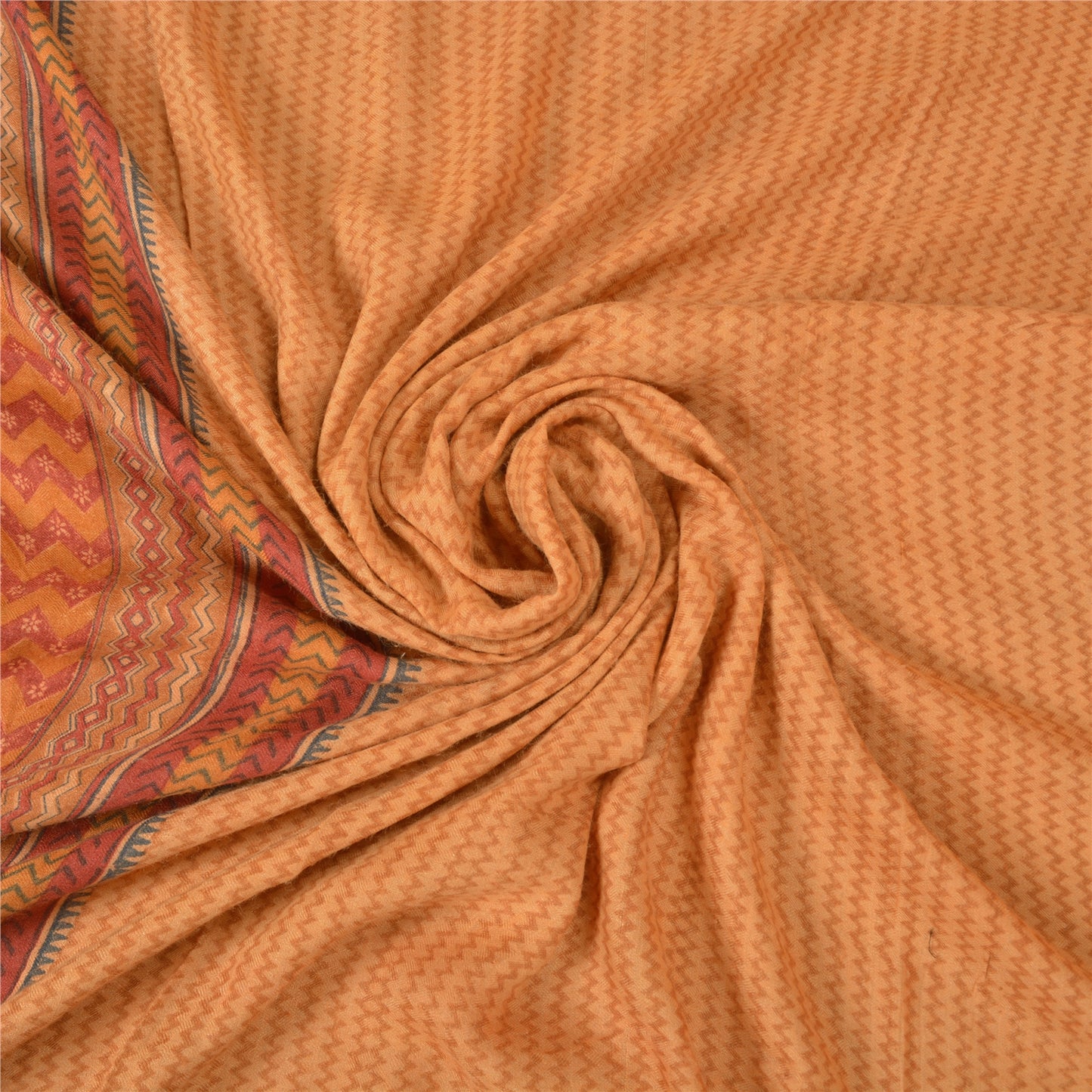 Sanskriti Vintage Sarees Peach Printed Heavy Sari Pure Woolen Soft Craft Sustainable Fabric