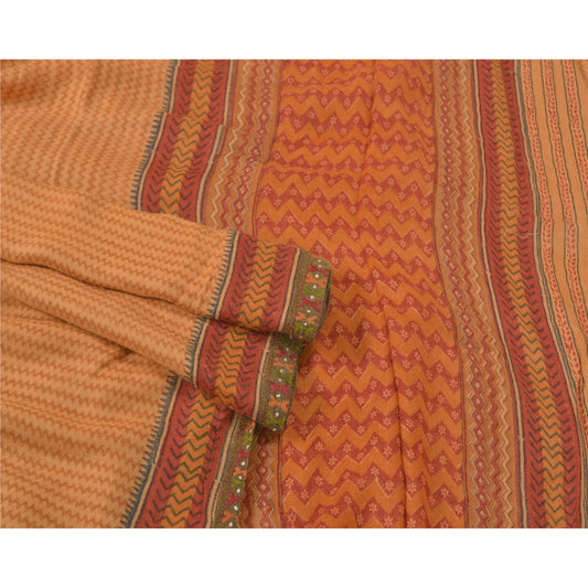 Sanskriti Vintage Sarees Peach Printed Heavy Sari Pure Woolen Soft Craft Sustainable Fabric