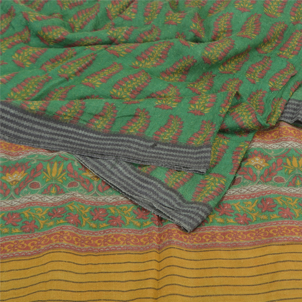 Sanskriti Vintage Green Indian Sarees 100% Pure Woolen Fabric Printed 5 YD Sari