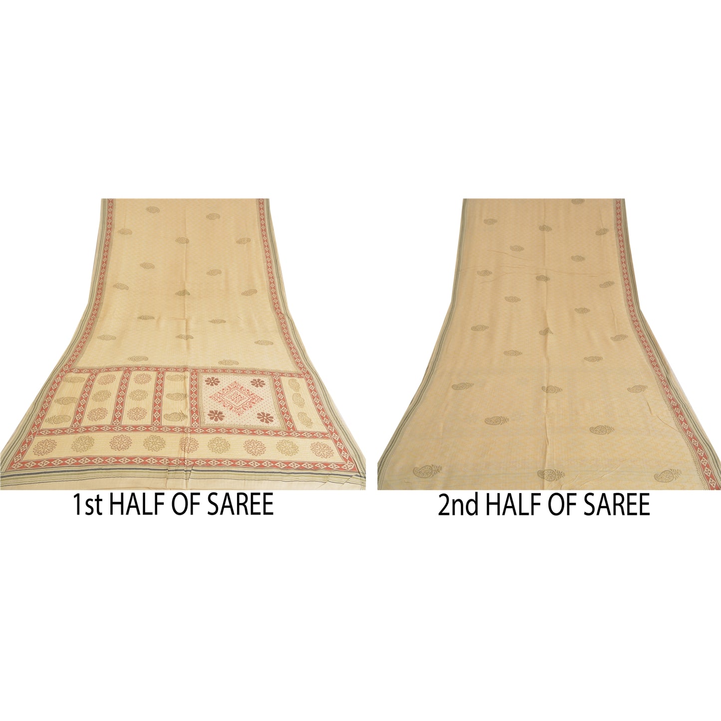 Sanskriti Vintage Ivory Heavy Sarees 100% Pure Woolen Sustainable Fabric Block Printed Sari