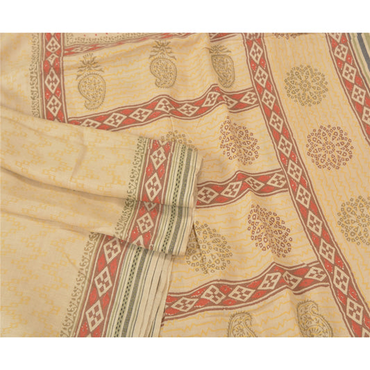 Sanskriti Vintage Ivory Heavy Sarees 100% Pure Woolen Sustainable Fabric Block Printed Sari