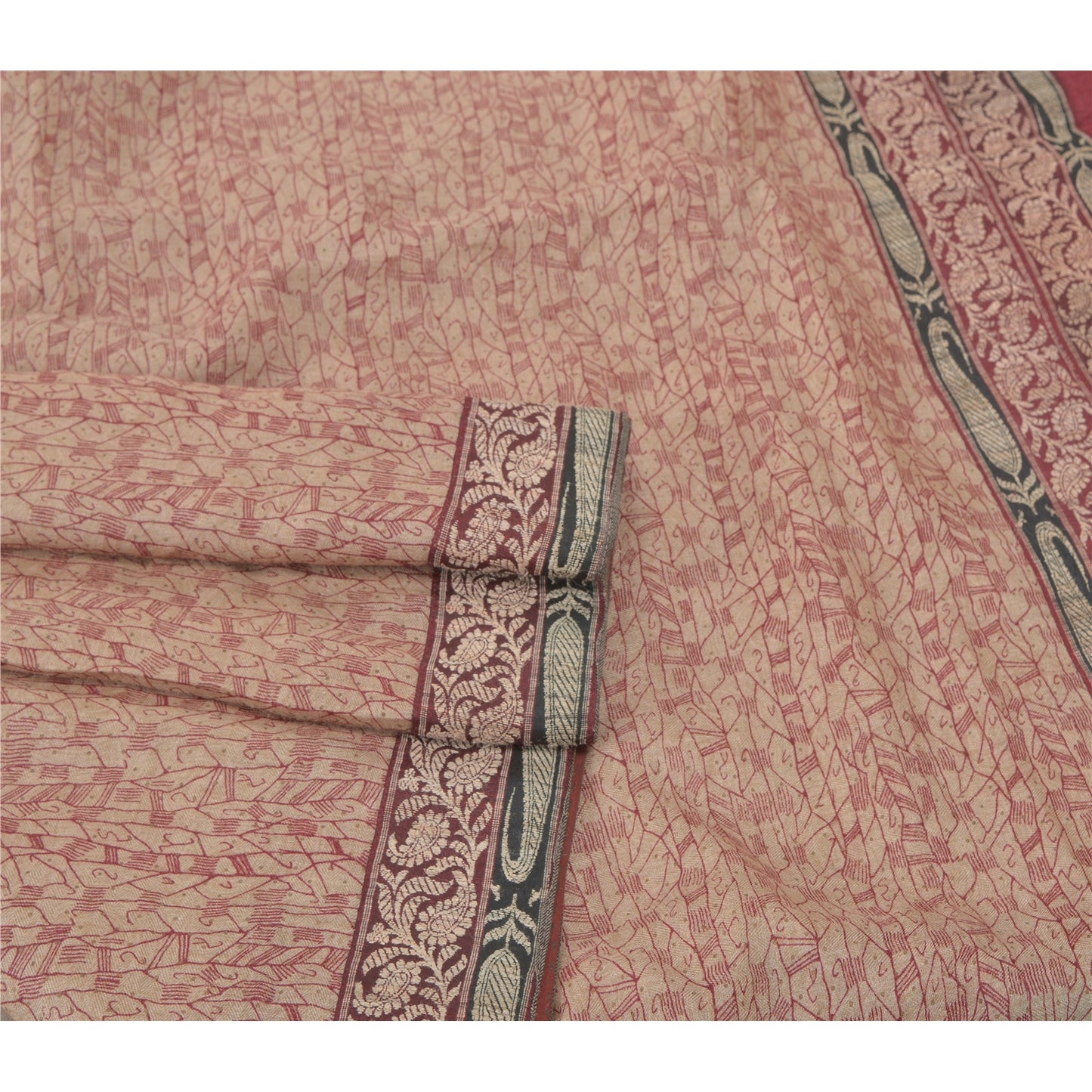 Sanskriti Vintage Heavy Sarees 100% Pure Woolen Sustainable Fabric Cream Printed Woven Sari