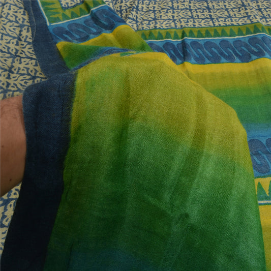 Sanskriti Vintage Blue Heavy Indian Sarees Pure Woolen Sustainable Fabric Printed 5 YD Sari