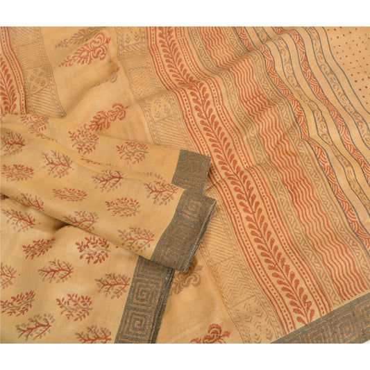 Sanskriti Vintage Cream Heavy Sarees 100% Pure Woolen Sustainable Fabric Block Printed Sari