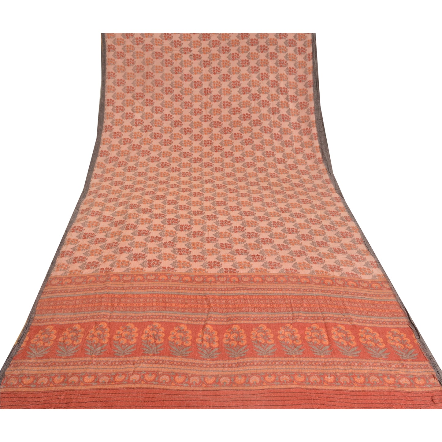 Sanskriti Vintage Peach Heavy Indian Sarees 100% Pure Woolen Sustainable Fabric Printed Sari