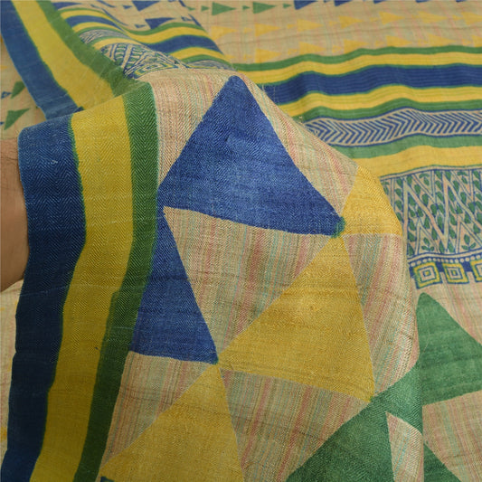 Sanskriti Vintage Beige Heavy Indian Sarees 100% Pure Woolen Sustainable Fabric Printed Sari