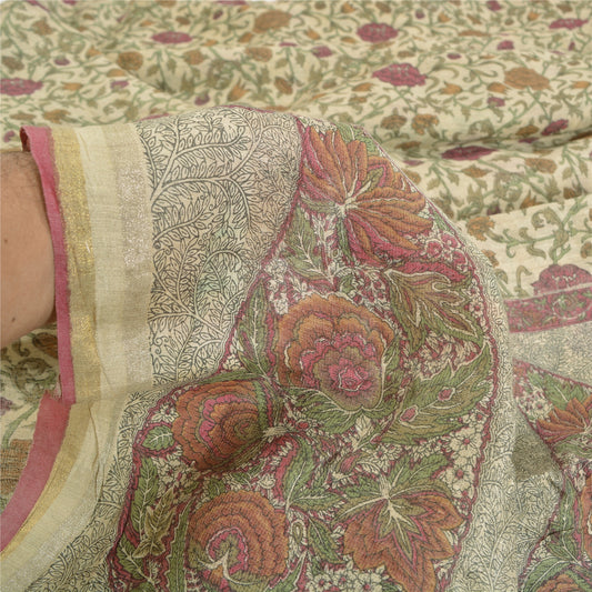 Sanskriti Vintage Ivory Heavy Indian Sarees 100% Pure Woolen Sustainable Fabric Printed Sari