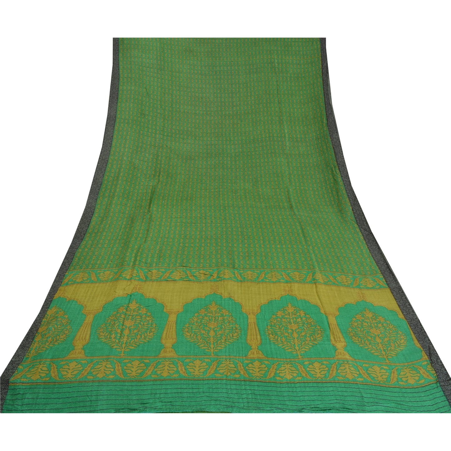 Sanskriti Vintage Green Heavy Indian Sarees 100% Pure Woolen Sustainable Fabric Printed Sari