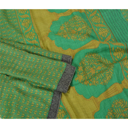 Sanskriti Vintage Green Heavy Indian Sarees 100% Pure Woolen Sustainable Fabric Printed Sari