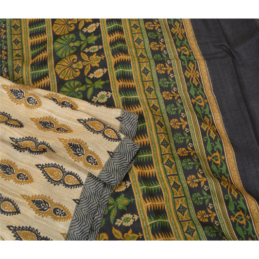 Sanskriti Vintage Ivory Heavy Indian Sarees 100% Pure Woolen Sustainable Fabric Printed Sari