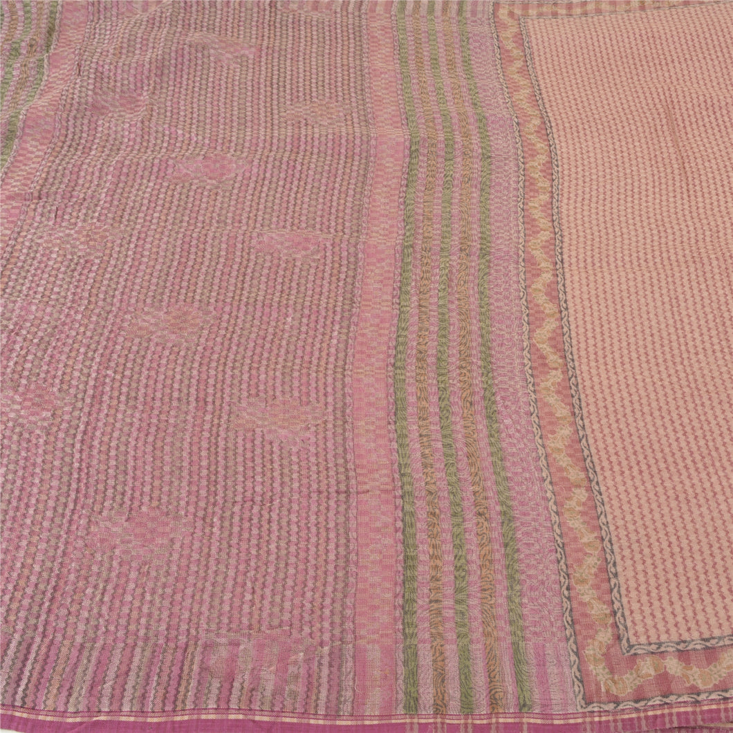 Sanskriti Vintage Pink  Indian Sarees 100% Pure Woolen Fabric Printed Woven Sari