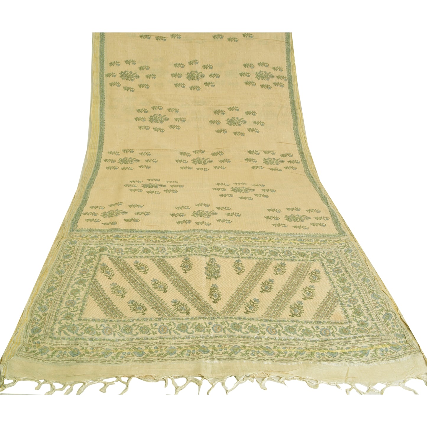 Sanskriti Vintage Ivory Heavy Indian Sarees 100% Pure Woolen Sustainable Fabric Printed Sari