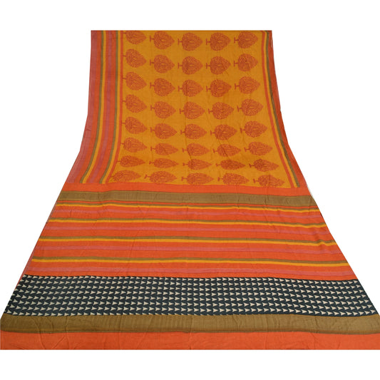 Sanskriti Vintage Yellow/Orange Indian Sarees Pure Woolen Sustainable Fabric Printed Sari