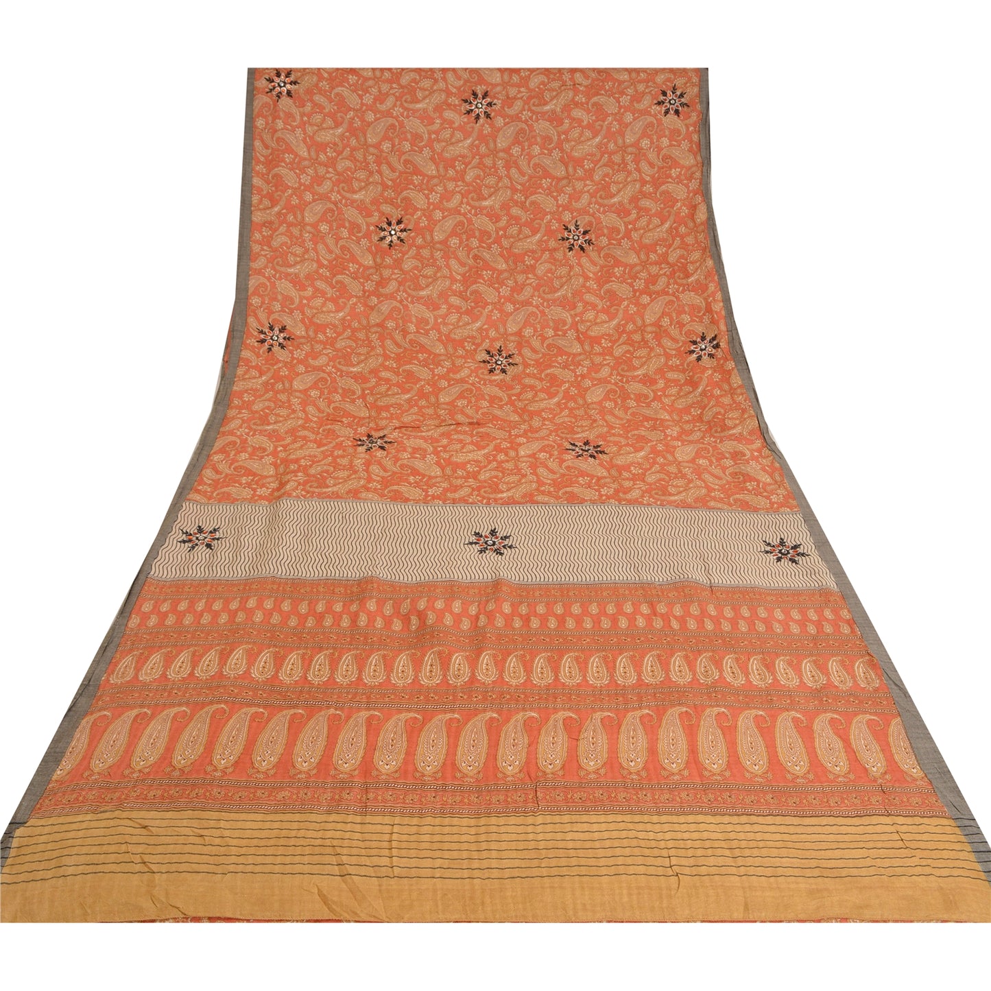 Sanskriti Vintage Peach Heavy Sarees Pure Woolen Hand Beaded Sustainable Fabric Printed Sari