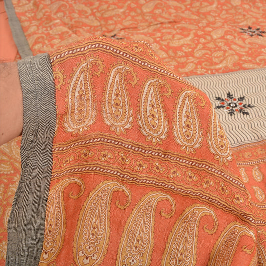 Sanskriti Vintage Peach Heavy Sarees Pure Woolen Hand Beaded Sustainable Fabric Printed Sari