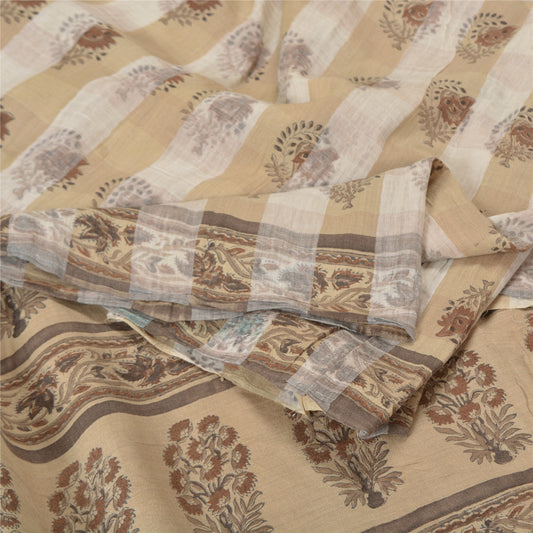 Sanskriti Vintage Ivory Sarees Pure Woolen hand-Block Printed Woven Sari /Sustainable Fabric