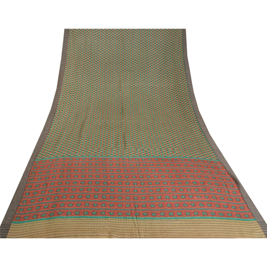 Sanskriti Vintage Cream/Red Sarees Pure Woolen Printed & Woven Sari /Sustainable Fabric