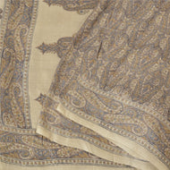 Sanskriti Vintage Ivory Indian Sarees Pure Woolen Block Printed Sari /Fabric