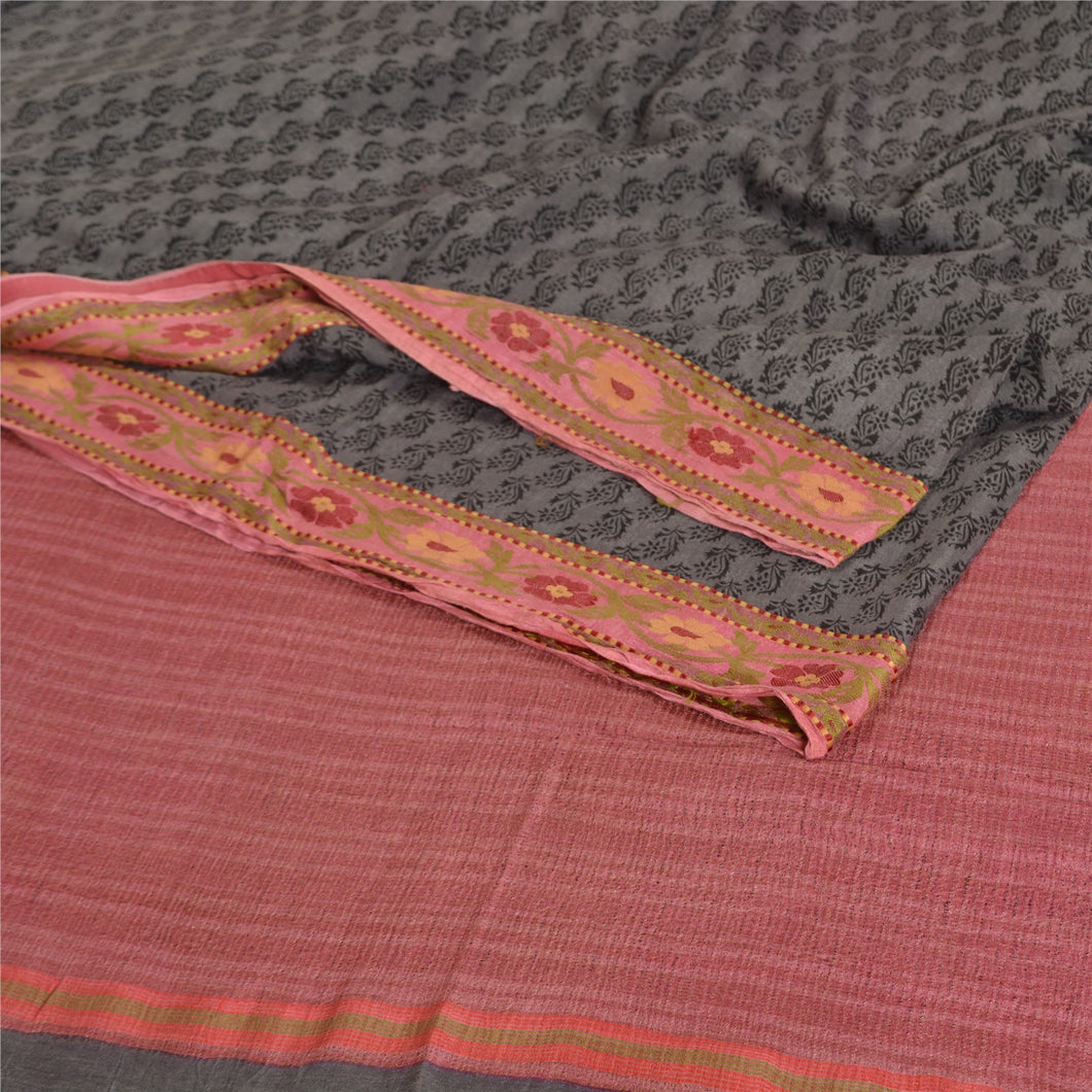 Sanskriti Vintage Grey/Pink Sarees Pure Woolen Fabric Block Printed Woven Sari