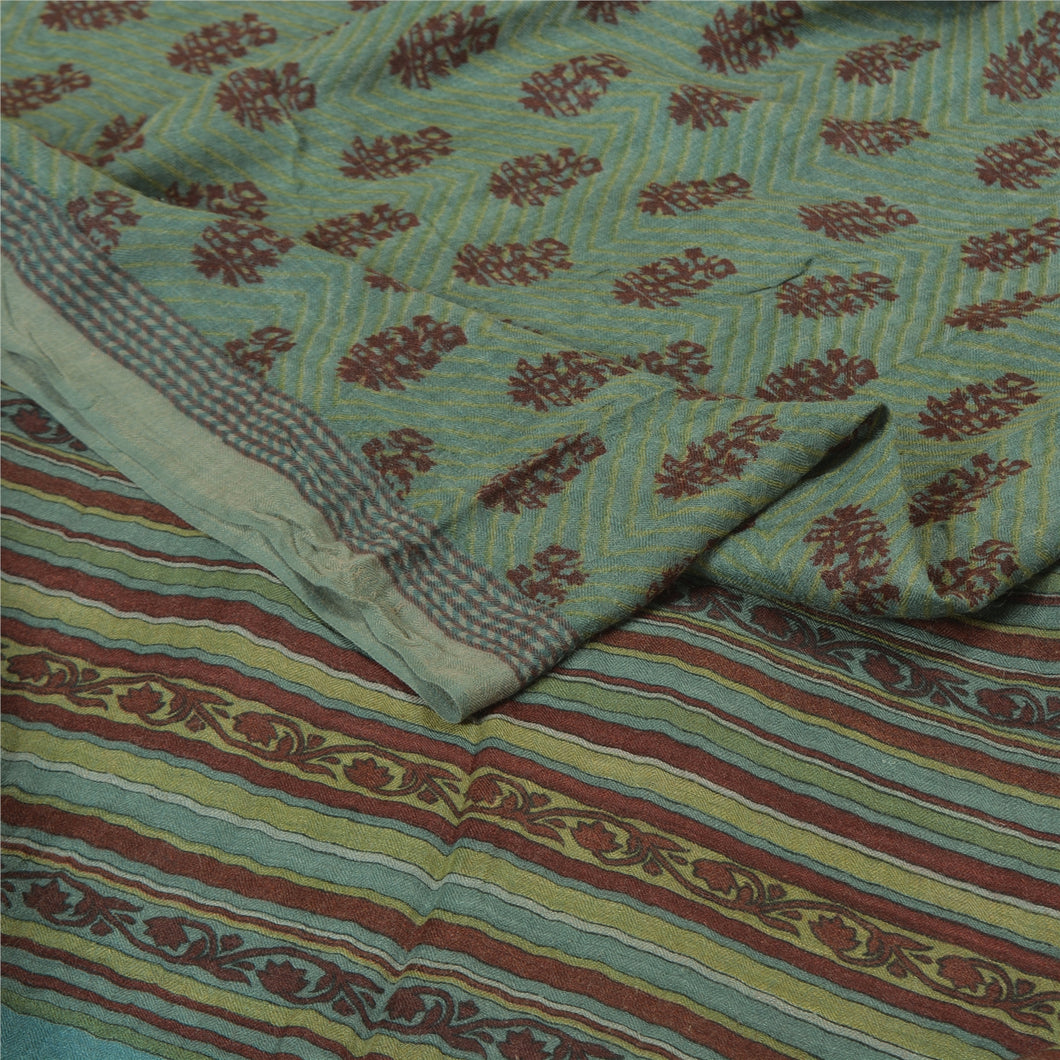 Sanskriti Vintage Blue/Green Sarees 100% Pure Woolen Fabric Printed Woven Sari