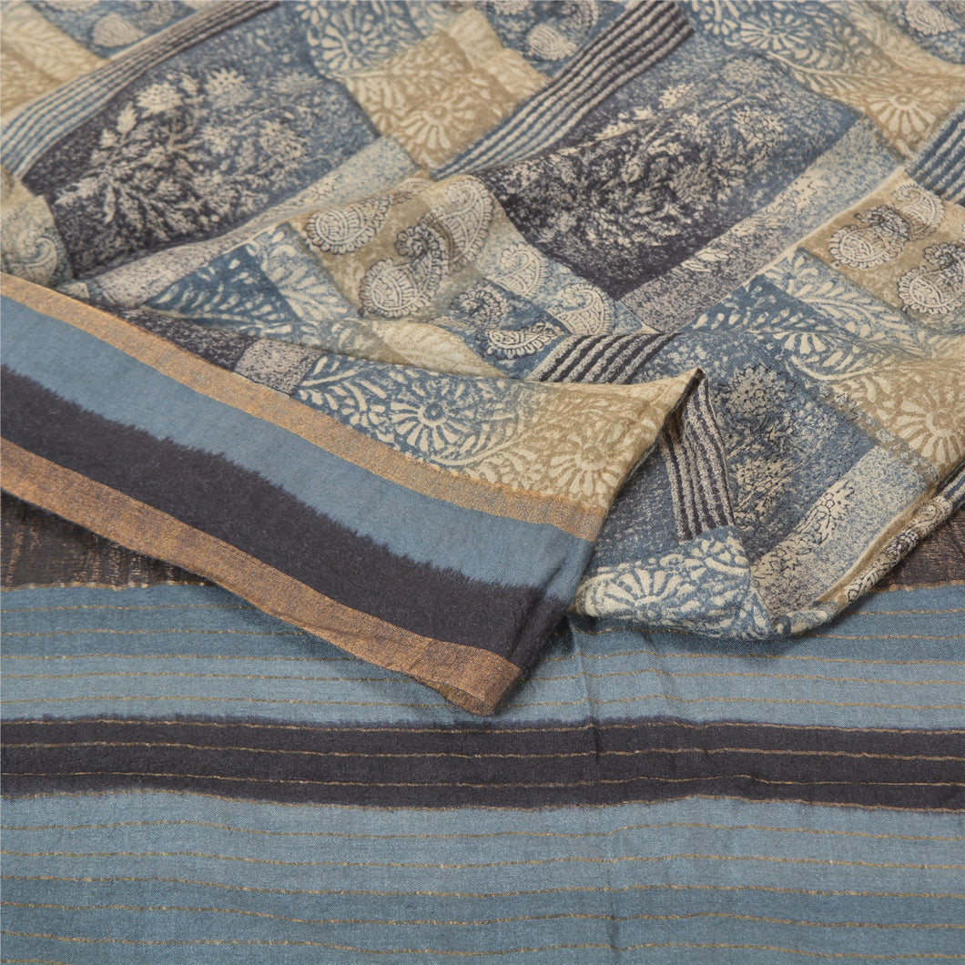 Sanskriti Vintage Blue/Ivory Sarees Pure Woolen Fabric Block Printed 5 Yard Sari