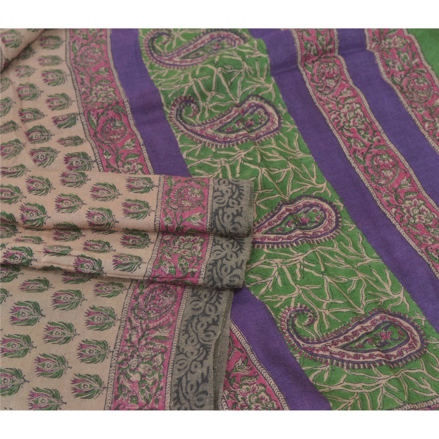 Sanskriti Vintage Heavy Sarees Pure Woolen Cream Sustainable Fabric Printed & Woven Sari