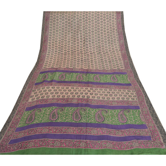 Sanskriti Vintage Heavy Sarees Pure Woolen Cream Sustainable Fabric Printed & Woven Sari