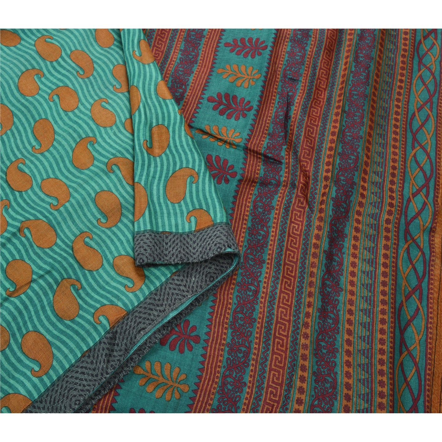 Sanskriti Vintage Heavy Sarees Pure Woolen Sustainable Fabric Green Printed Woven 5 YD Sari